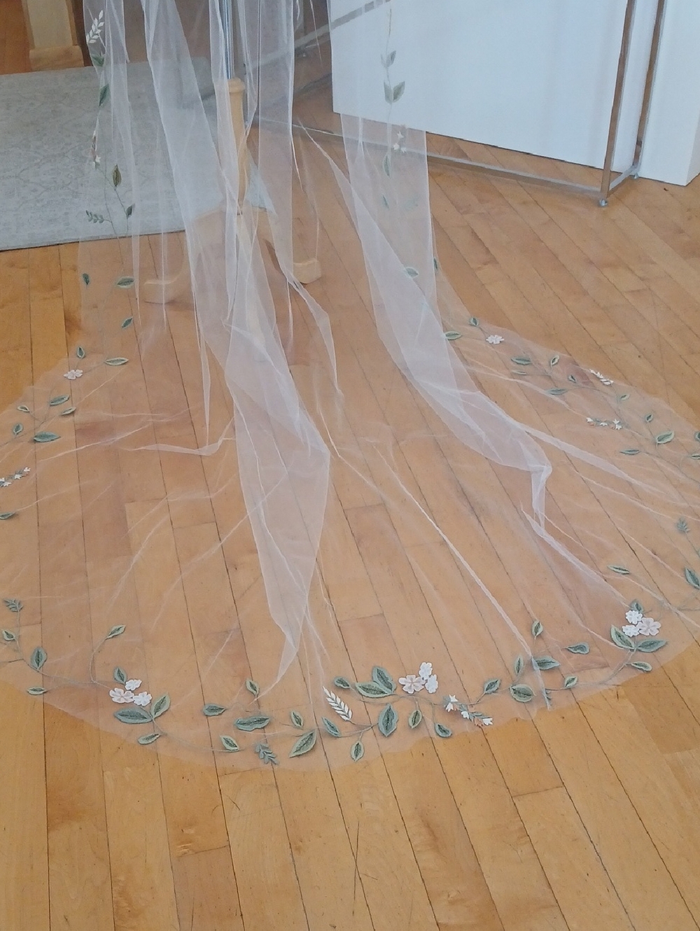Embroidered Floral Wedding Veil - Soft White with Green Leaves